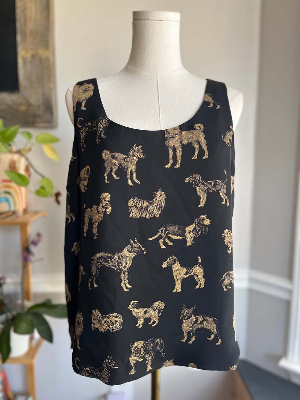 Vintage Y2K Silk Dog Blouse Sleeveless Black Tan Size Large